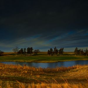 Preview wallpaper field, river, trees, clouds, horizon, nature