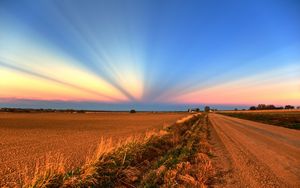 Preview wallpaper field, road, crops, agriculture, evening, decline, beams