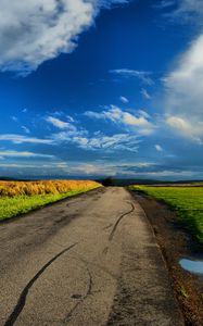 Preview wallpaper field, road, puddles, landscape