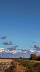 Preview wallpaper field, road, trees, clouds, agriculture, autumn