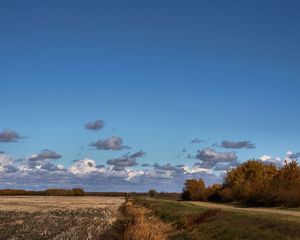 Preview wallpaper field, road, trees, clouds, agriculture, autumn