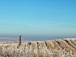 Preview wallpaper field, sky, hill, protection, column, wire