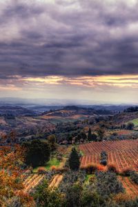 Preview wallpaper field, sky, sunset, view from the top, landscape