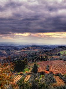 Preview wallpaper field, sky, sunset, view from the top, landscape