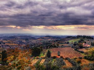 Preview wallpaper field, sky, sunset, view from the top, landscape