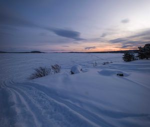 Preview wallpaper field, snow, dusk, winter, nature