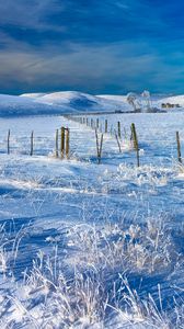 Preview wallpaper field, snow, hills, fence, winter