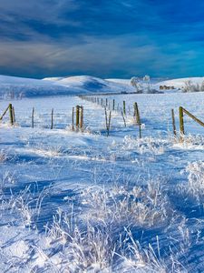Preview wallpaper field, snow, hills, fence, winter