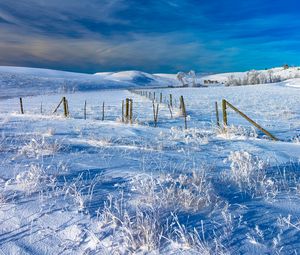 Preview wallpaper field, snow, hills, fence, winter