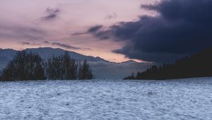 Preview wallpaper field, snow, trees, mountains, clouds