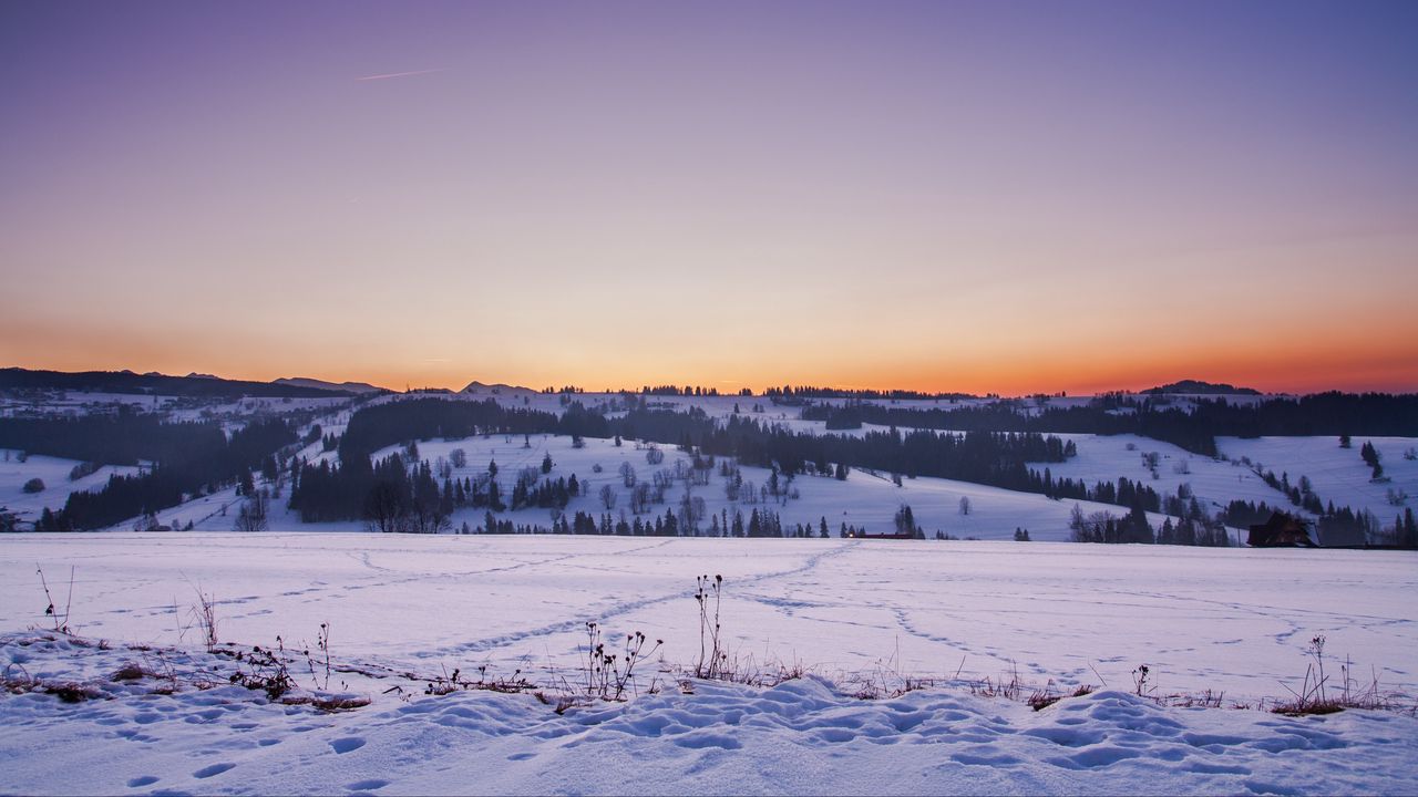 Wallpaper field, snow, winter, sunset