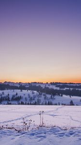 Preview wallpaper field, snow, winter, sunset