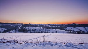 Preview wallpaper field, snow, winter, sunset