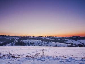 Preview wallpaper field, snow, winter, sunset