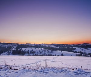 Preview wallpaper field, snow, winter, sunset