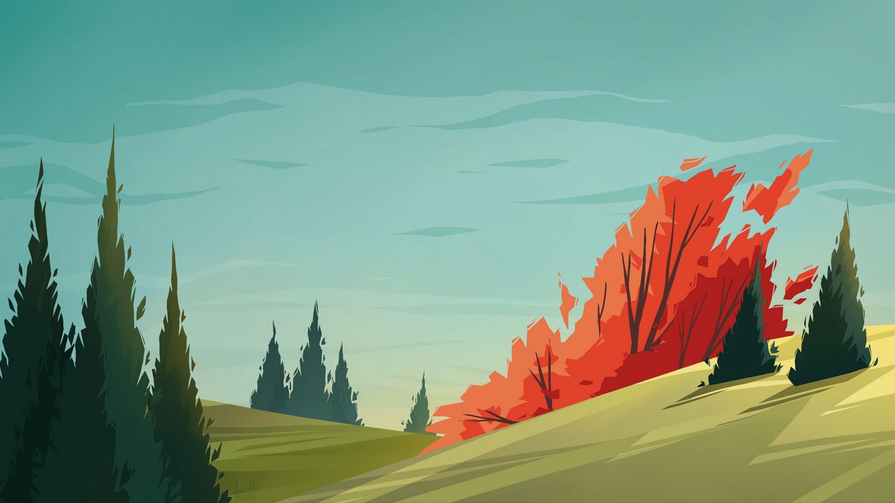 Wallpaper field, spruce, trees, sky, art