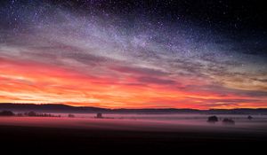 Preview wallpaper field, starry sky, fog, evening, landscape, autumn