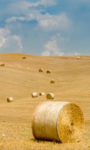 Preview wallpaper field, straw, bales, hills, landscape