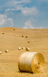 Preview wallpaper field, straw, bales, hills, landscape