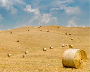 Preview wallpaper field, straw, bales, hills, landscape