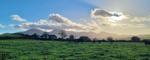 Preview wallpaper field, trees, clouds, mountains, landscape