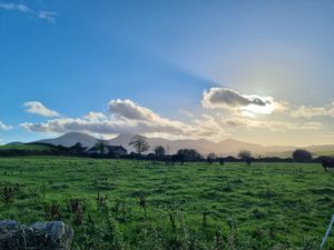 Preview wallpaper field, trees, clouds, mountains, landscape