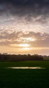 Preview wallpaper field, trees, clouds, sun, nature, landscape