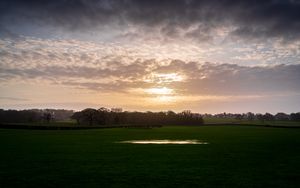 Preview wallpaper field, trees, clouds, sun, nature, landscape