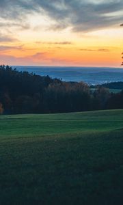 Preview wallpaper field, trees, dusk, hills, landscape