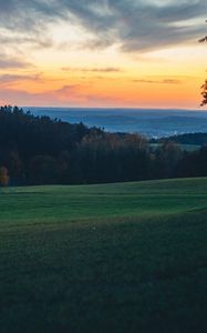 Preview wallpaper field, trees, dusk, hills, landscape