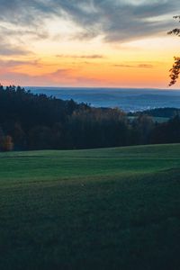 Preview wallpaper field, trees, dusk, hills, landscape