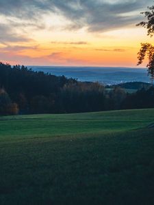 Preview wallpaper field, trees, dusk, hills, landscape