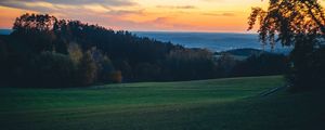 Preview wallpaper field, trees, dusk, hills, landscape