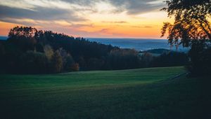 Preview wallpaper field, trees, dusk, hills, landscape