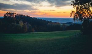 Preview wallpaper field, trees, dusk, hills, landscape