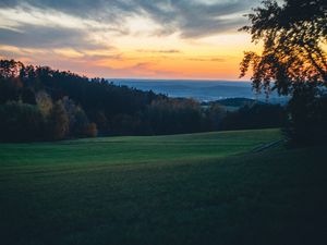 Preview wallpaper field, trees, dusk, hills, landscape