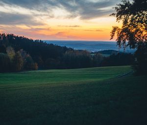 Preview wallpaper field, trees, dusk, hills, landscape