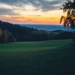 Preview wallpaper field, trees, dusk, hills, landscape