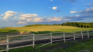 Preview wallpaper field, trees, fence, landscape, nature