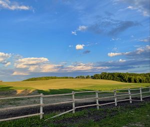 Preview wallpaper field, trees, fence, landscape, nature