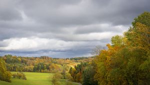 Preview wallpaper field, trees, forest, clouds, sky, nature