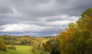 Preview wallpaper field, trees, forest, clouds, sky, nature