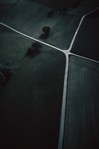 Preview wallpaper field, trees, grass, aerial view, dark