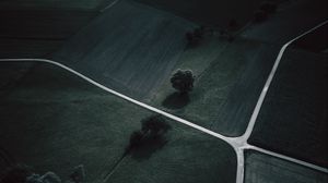 Preview wallpaper field, trees, grass, aerial view, dark