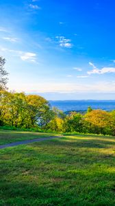 Preview wallpaper field, trees, grass, sky, forest, nature