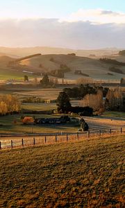 Preview wallpaper field, trees, hills, landscape, nature