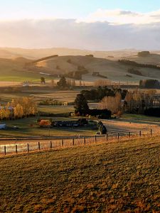 Preview wallpaper field, trees, hills, landscape, nature