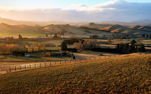 Preview wallpaper field, trees, hills, landscape, nature