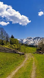 Preview wallpaper field, trees, mountains, clouds, sky, nature