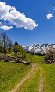 Preview wallpaper field, trees, mountains, clouds, sky, nature